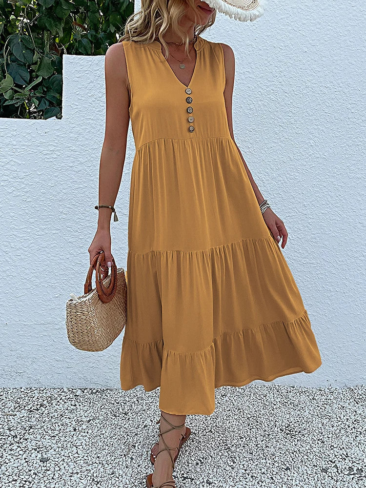 Sleeveless Tank V Neck Ruffle Loose Midi Dress