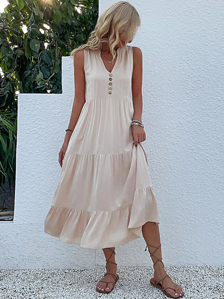 Sleeveless Tank V Neck Ruffle Loose Midi Dress