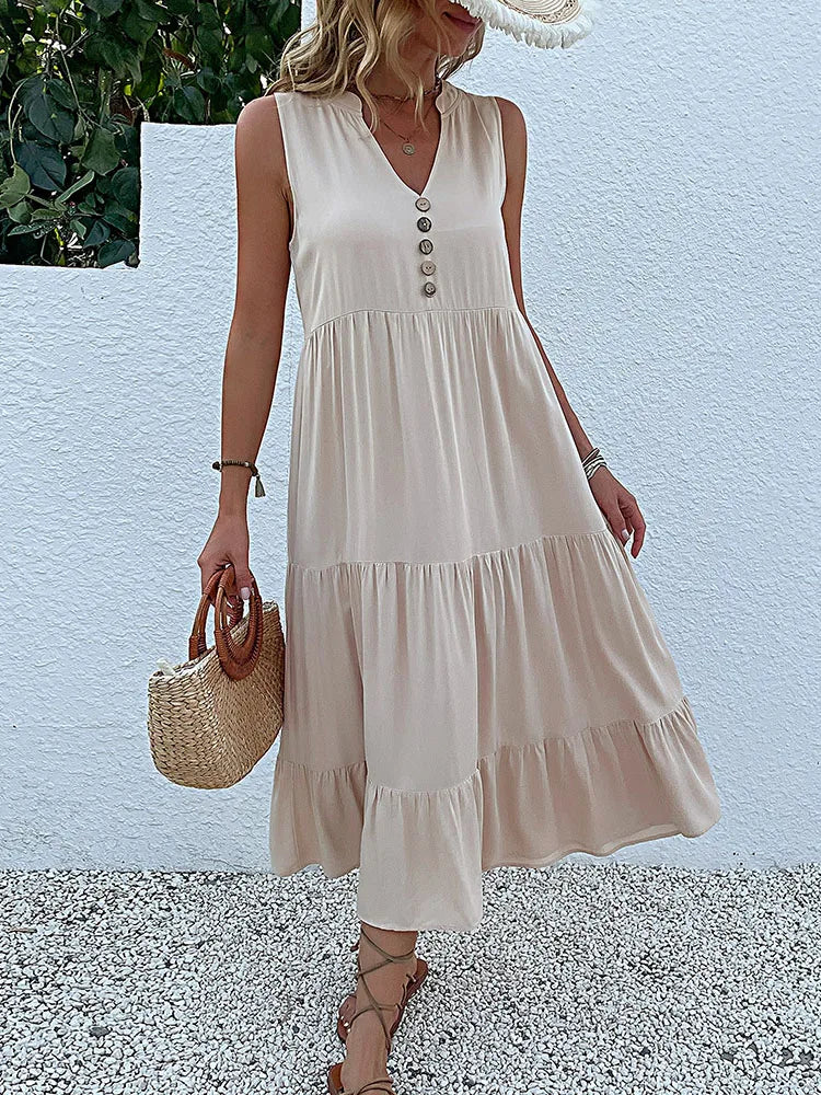 Sleeveless Tank V Neck Ruffle Loose Midi Dress