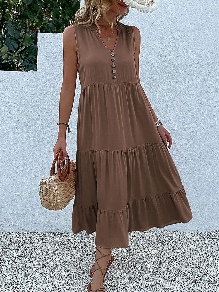 Sleeveless Tank V Neck Ruffle Loose Midi Dress