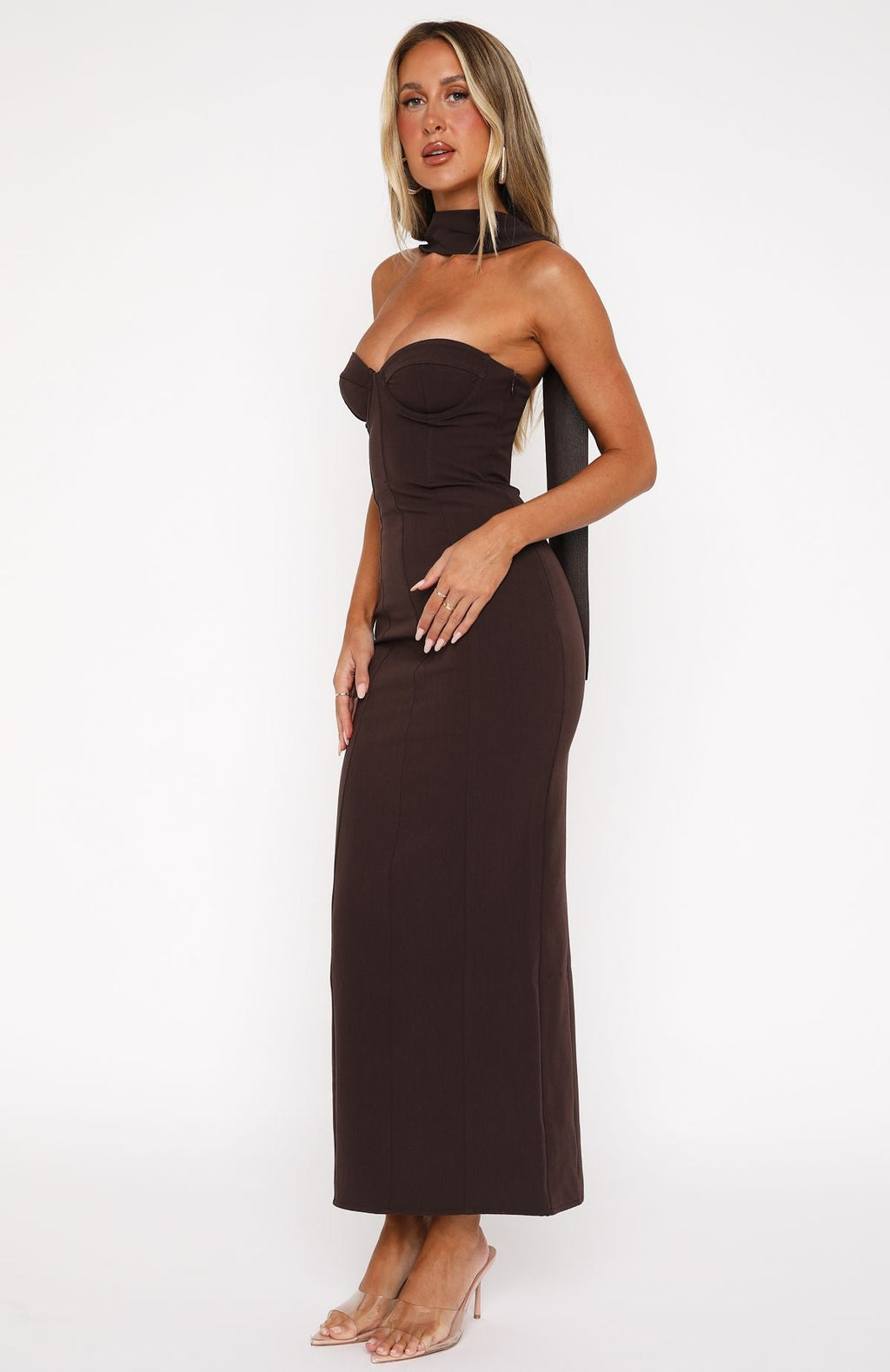 Chocolate Strapless Raining Hearts Maxi Dress