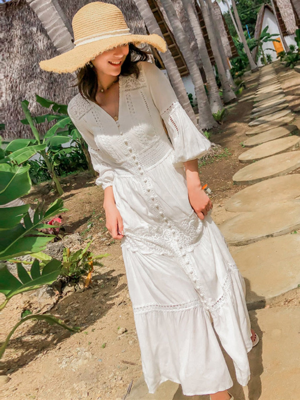 Cotton Patchwork Lace Lantern Sleeve Maxi Dress