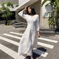 Cotton Patchwork Lace Lantern Sleeve Maxi Dress