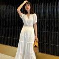 Cotton Patchwork Lace Lantern Sleeve Maxi Dress