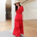 Cotton Patchwork Lace Lantern Sleeve Maxi Dress