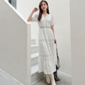 Cotton Patchwork Lace Lantern Sleeve Maxi Dress
