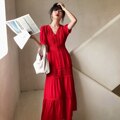 Cotton Patchwork Lace Lantern Sleeve Maxi Dress