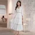 Cotton Patchwork Lace Lantern Sleeve Maxi Dress