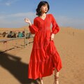 Cotton Patchwork Lace Lantern Sleeve Maxi Dress