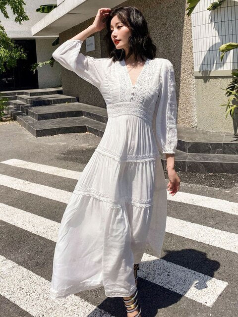 Cotton Patchwork Lace Lantern Sleeve Maxi Dress