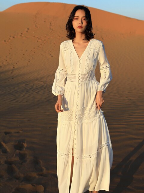 Cotton Patchwork Lace Lantern Sleeve Maxi Dress