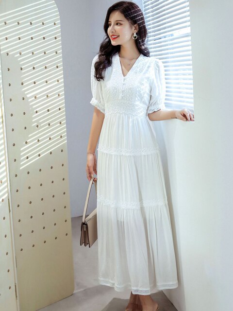 Cotton Patchwork Lace Lantern Sleeve Maxi Dress