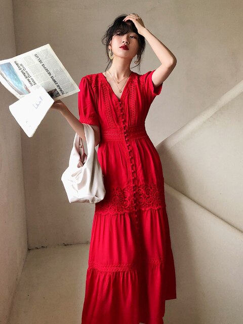 Cotton Patchwork Lace Lantern Sleeve Maxi Dress