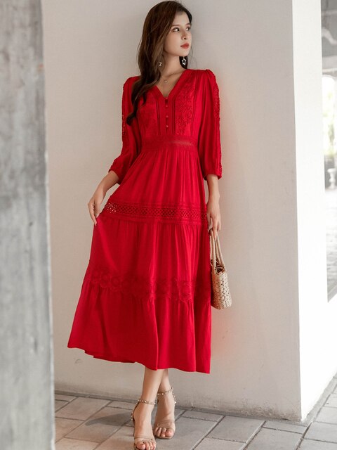 Cotton Patchwork Lace Lantern Sleeve Maxi Dress