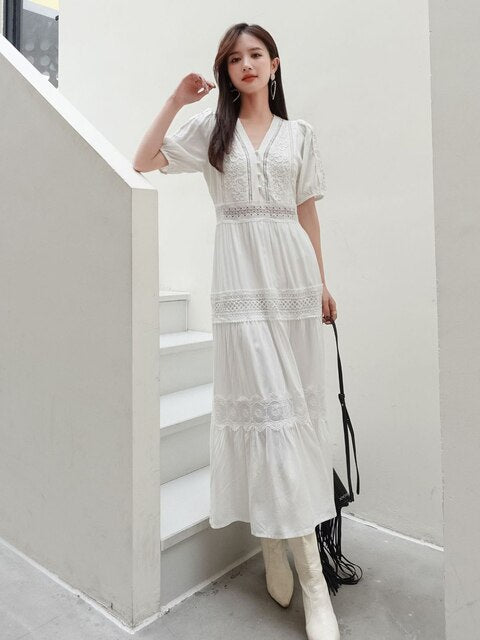 Cotton Patchwork Lace Lantern Sleeve Maxi Dress