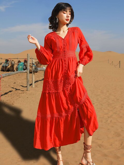 Cotton Patchwork Lace Lantern Sleeve Maxi Dress