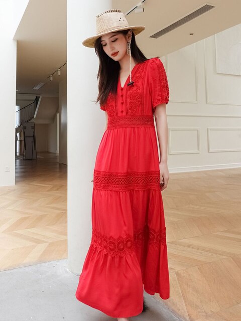 Cotton Patchwork Lace Lantern Sleeve Maxi Dress