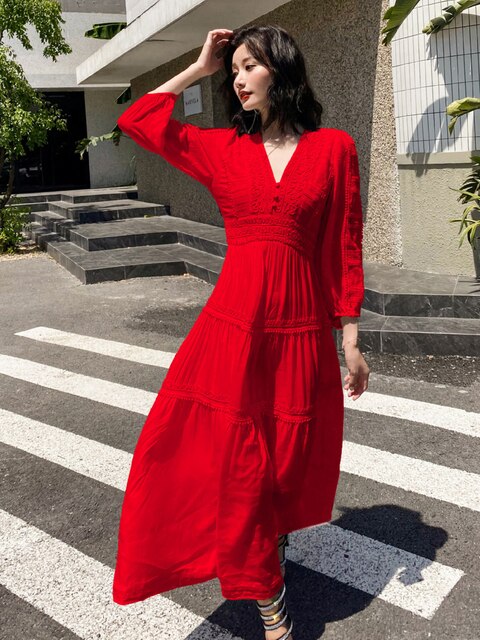 Cotton Patchwork Lace Lantern Sleeve Maxi Dress