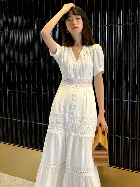 Cotton Patchwork Lace Lantern Sleeve Maxi Dress