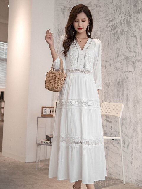 Cotton Patchwork Lace Lantern Sleeve Maxi Dress