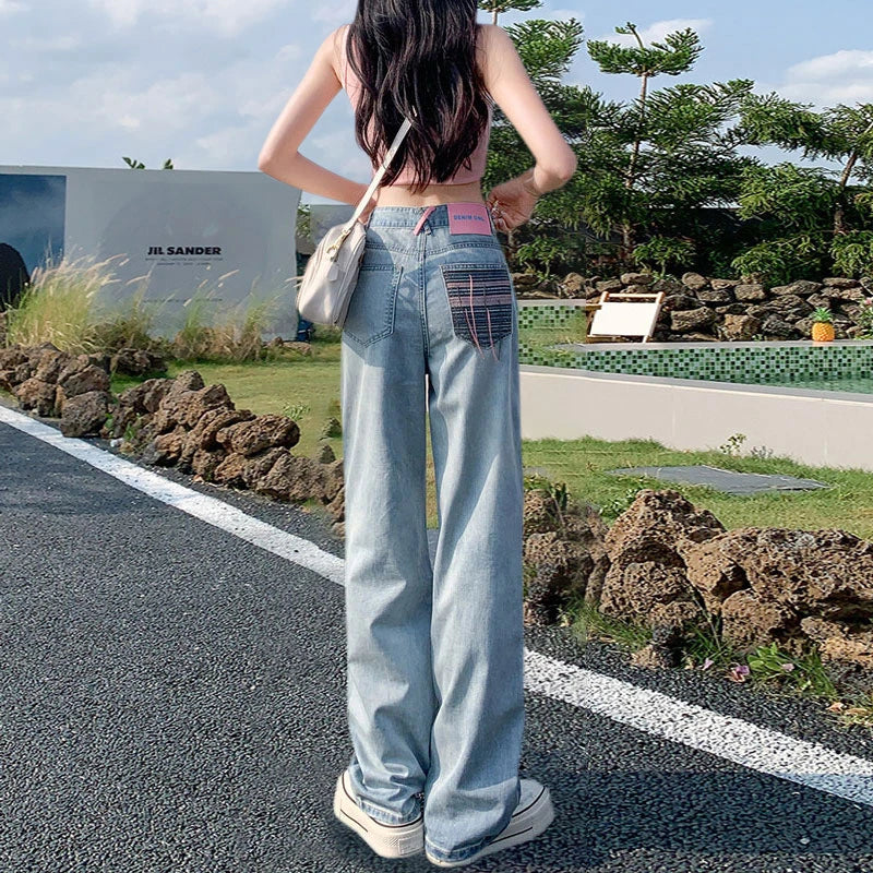 Embroidered Pocket Casual Straight Jean