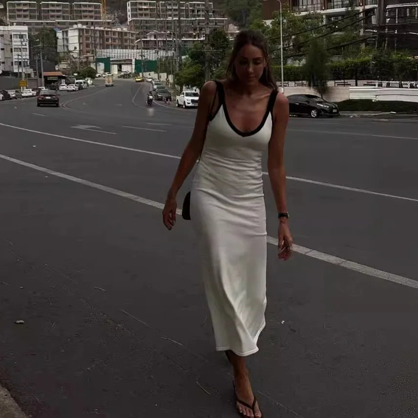 Knit Suspender Block Color V Neck Bodycon Maxi Dress