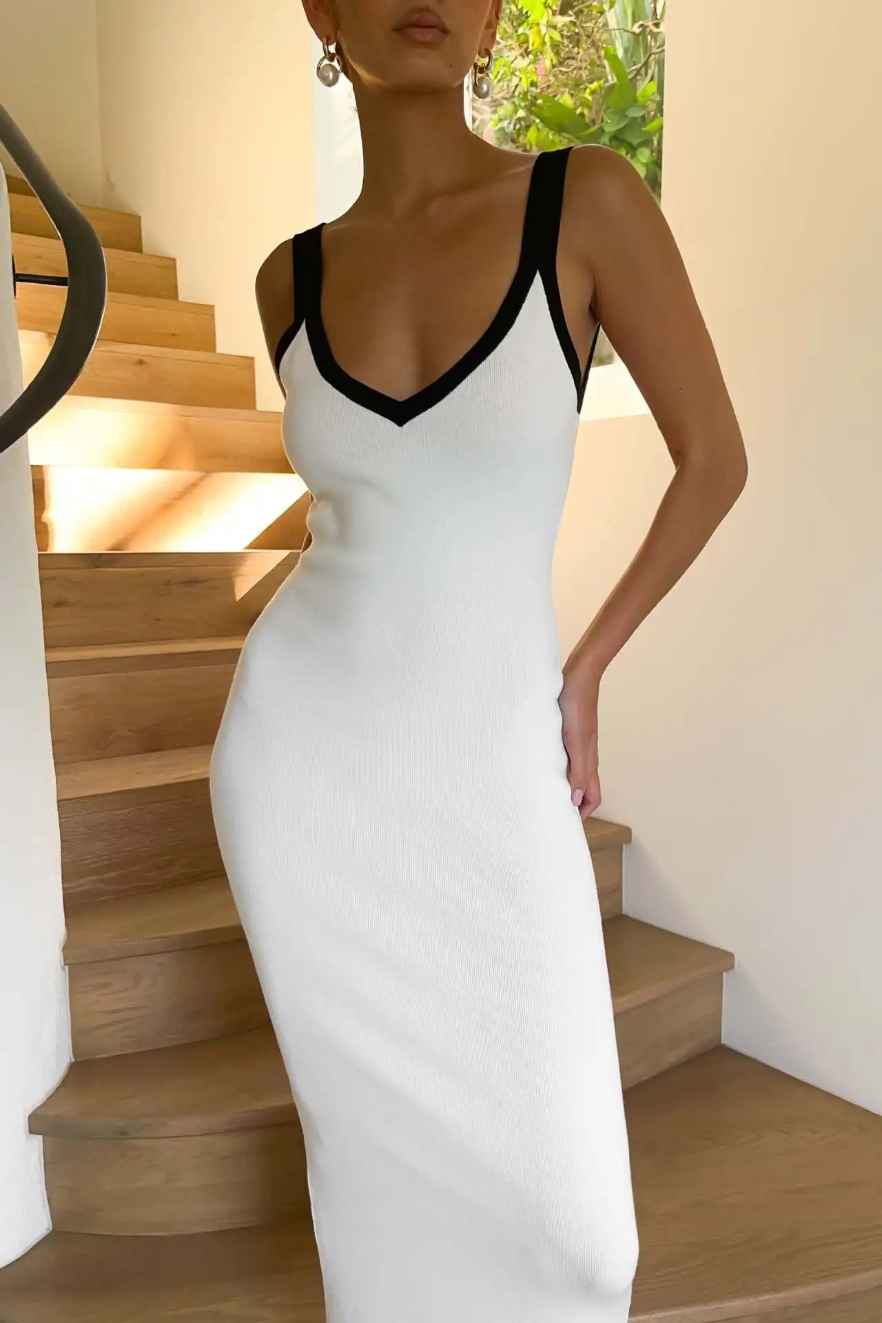 Knit Suspender Block Color V Neck Bodycon Maxi Dress