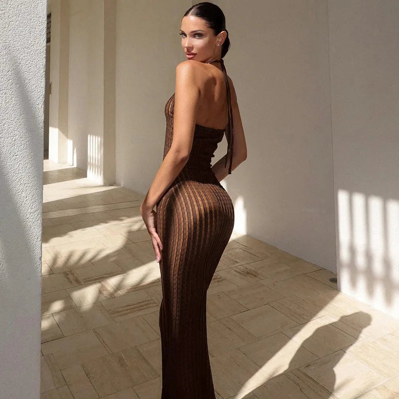 Knitted Hollow Back Slim Beach Halter Maxi Dress