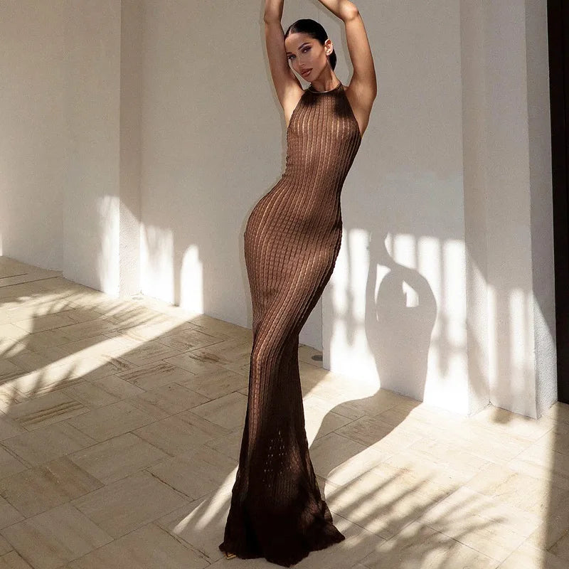 Knitted Hollow Back Slim Beach Halter Maxi Dress