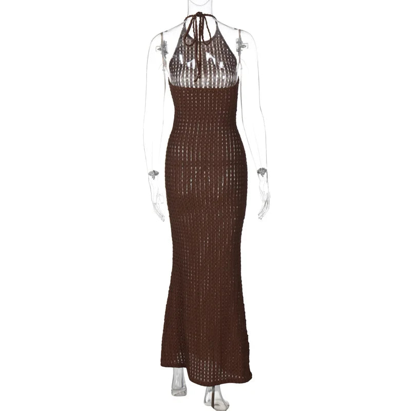 Knitted Hollow Back Slim Beach Halter Maxi Dress