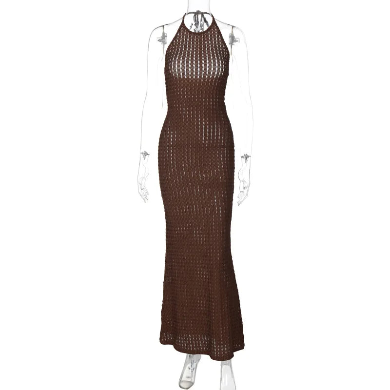 Knitted Hollow Back Slim Beach Halter Maxi Dress