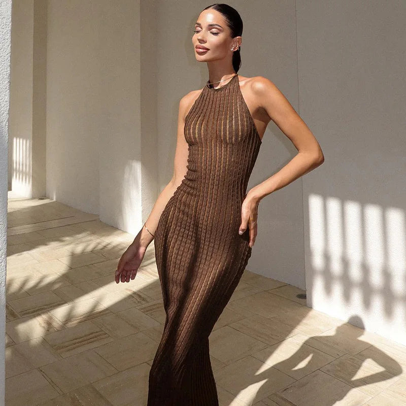 Knitted Hollow Back Slim Beach Halter Maxi Dress