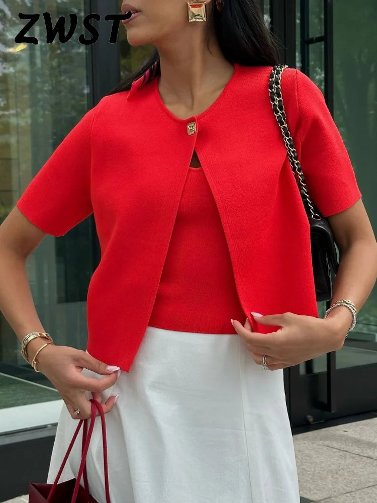 Red Button Knit Cardigan Sweater