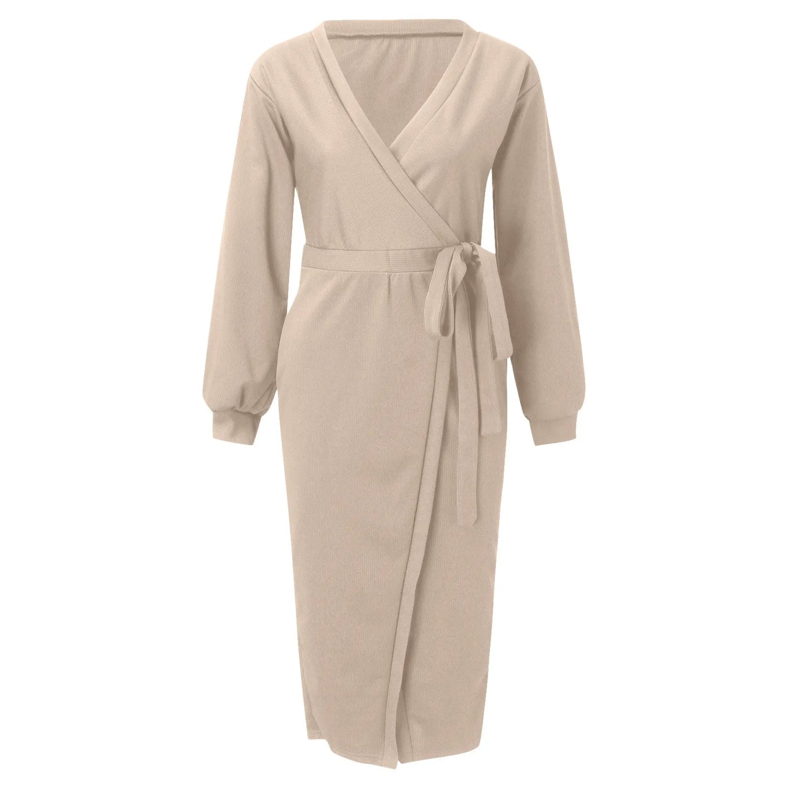 V Neck Long Sleeve Knit Tie Waist Midi Dress