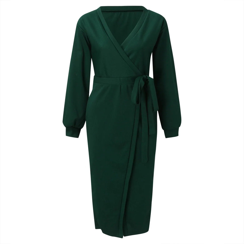 V Neck Long Sleeve Knit Tie Waist Midi Dress