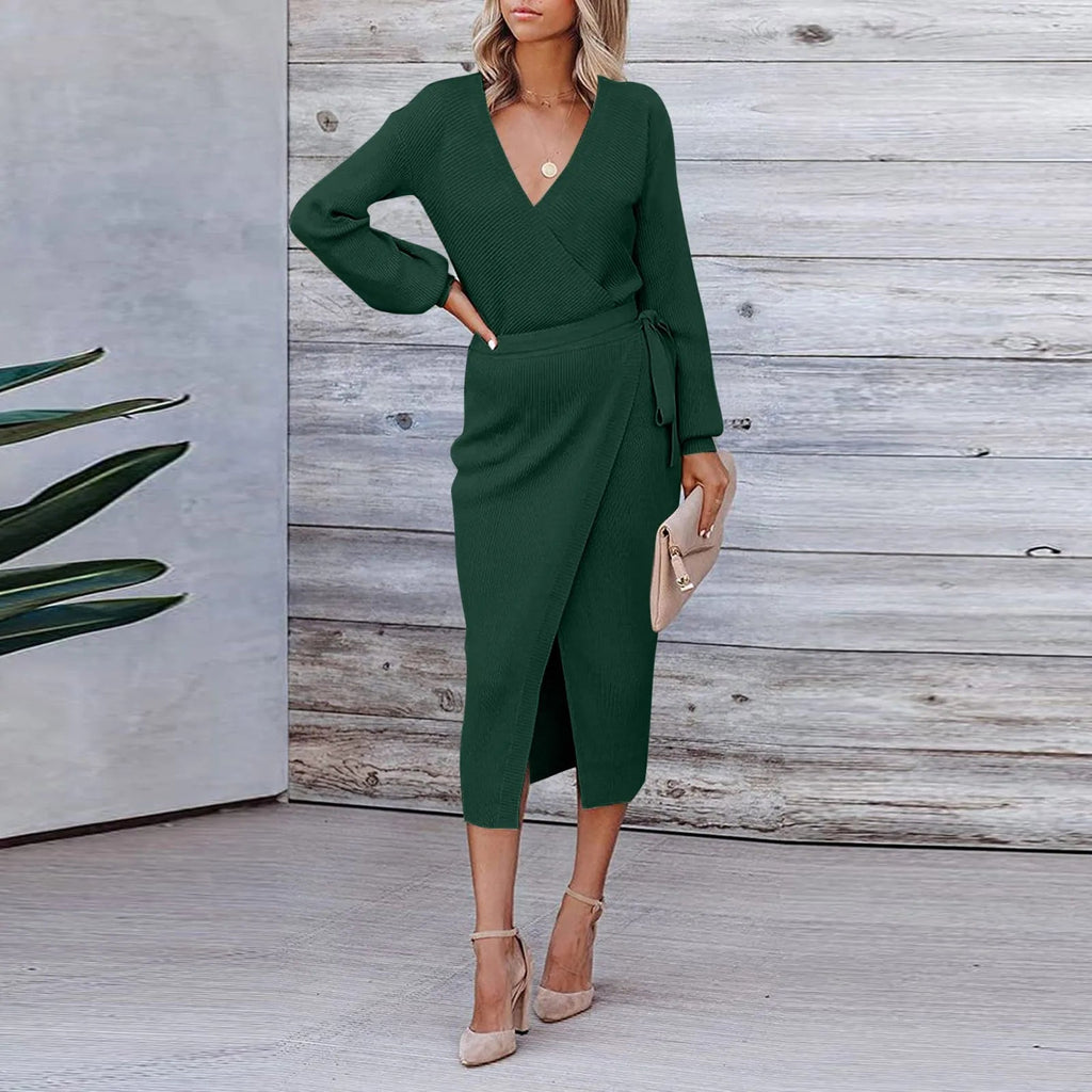 V Neck Long Sleeve Knit Tie Waist Midi Dress