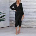 V Neck Long Sleeve Knit Tie Waist Midi Dress