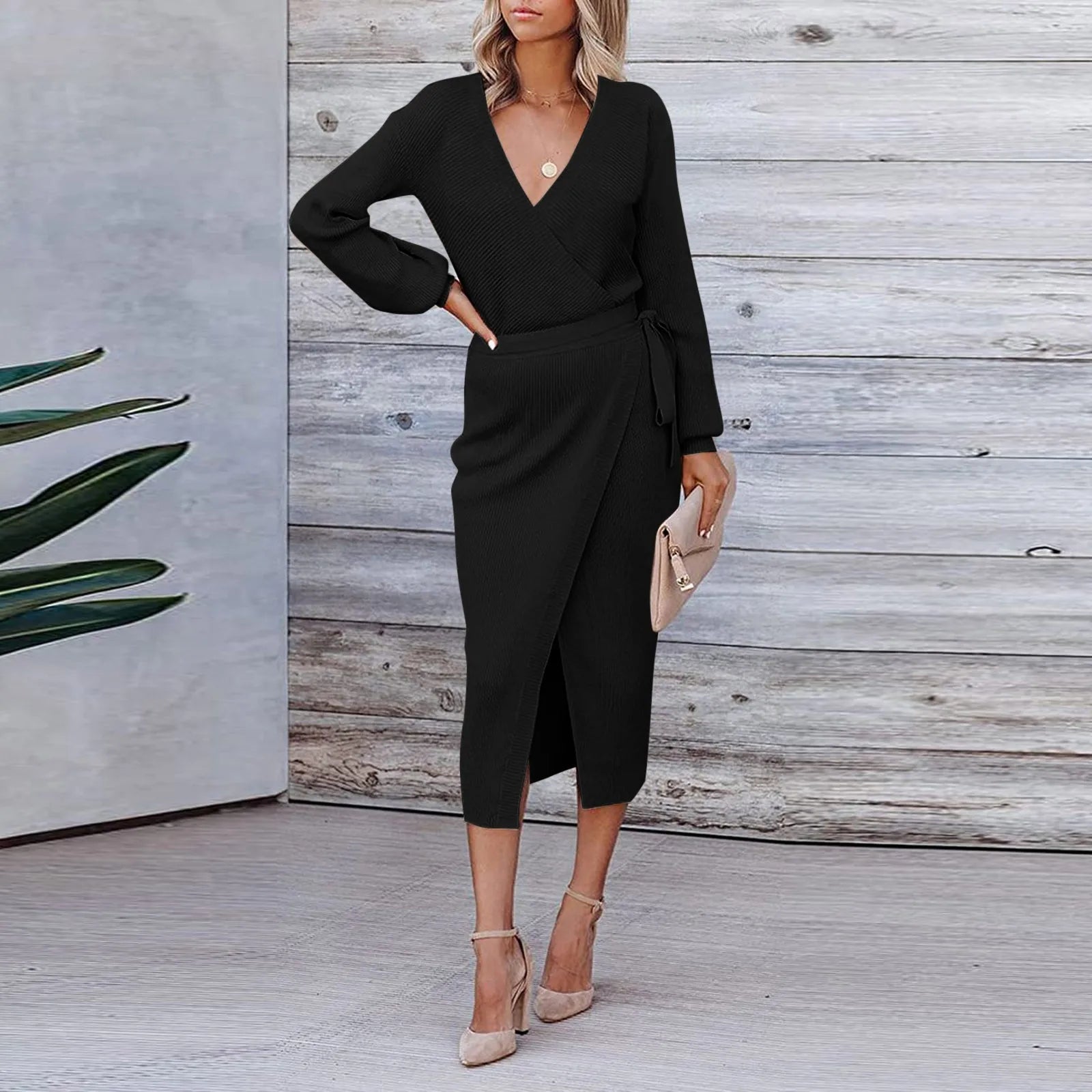 V Neck Long Sleeve Knit Tie Waist Midi Dress