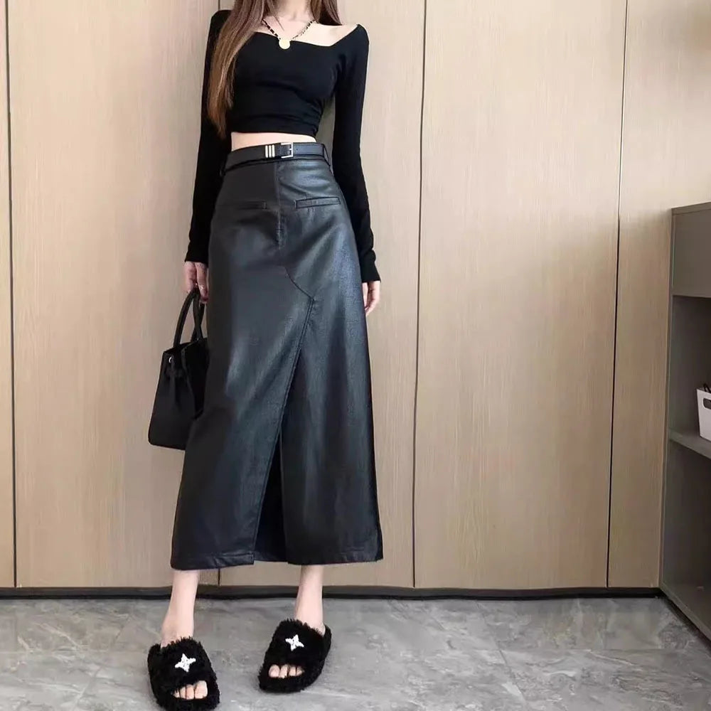 Streetwear Loose Black PU Leather Long Skirt