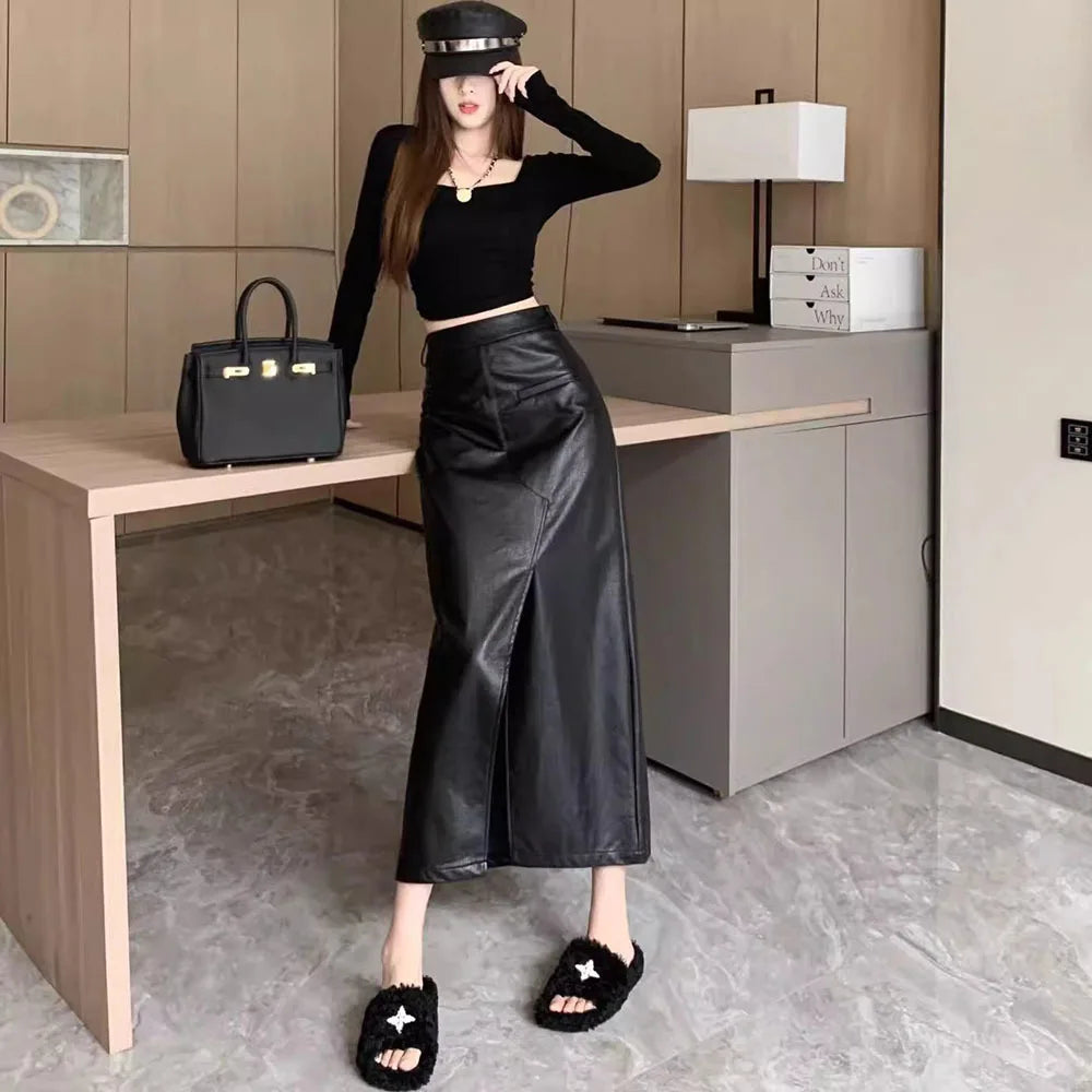 Streetwear Loose Black PU Leather Long Skirt