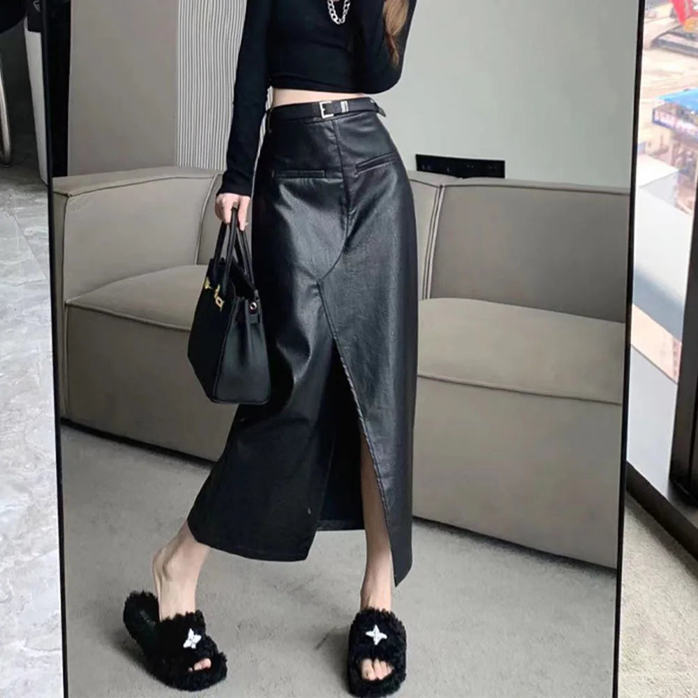 Streetwear Loose Black PU Leather Long Skirt