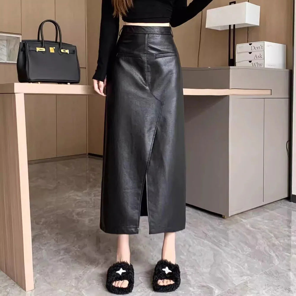 Streetwear Loose Black PU Leather Long Skirt