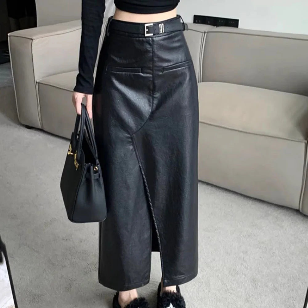 Streetwear Loose Black PU Leather Long Skirt