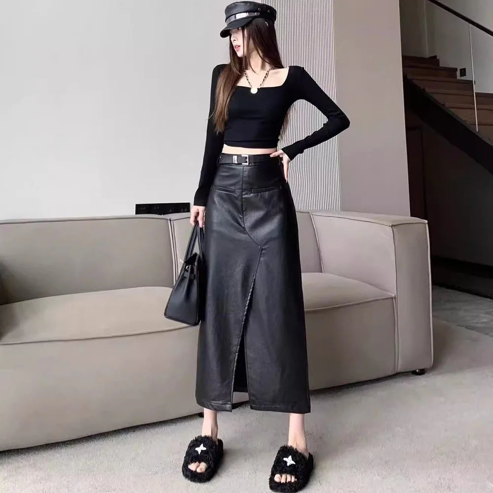 Streetwear Loose Black PU Leather Long Skirt