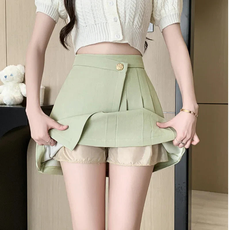 Korean High Waist A-line Mini Pleated Button Skirt