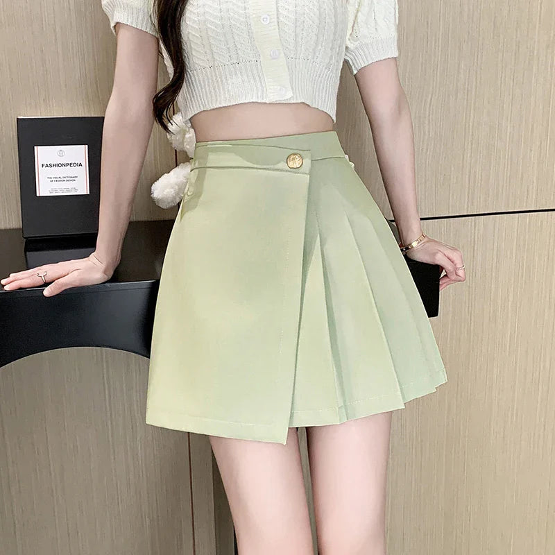 Korean High Waist A-line Mini Pleated Button Skirt