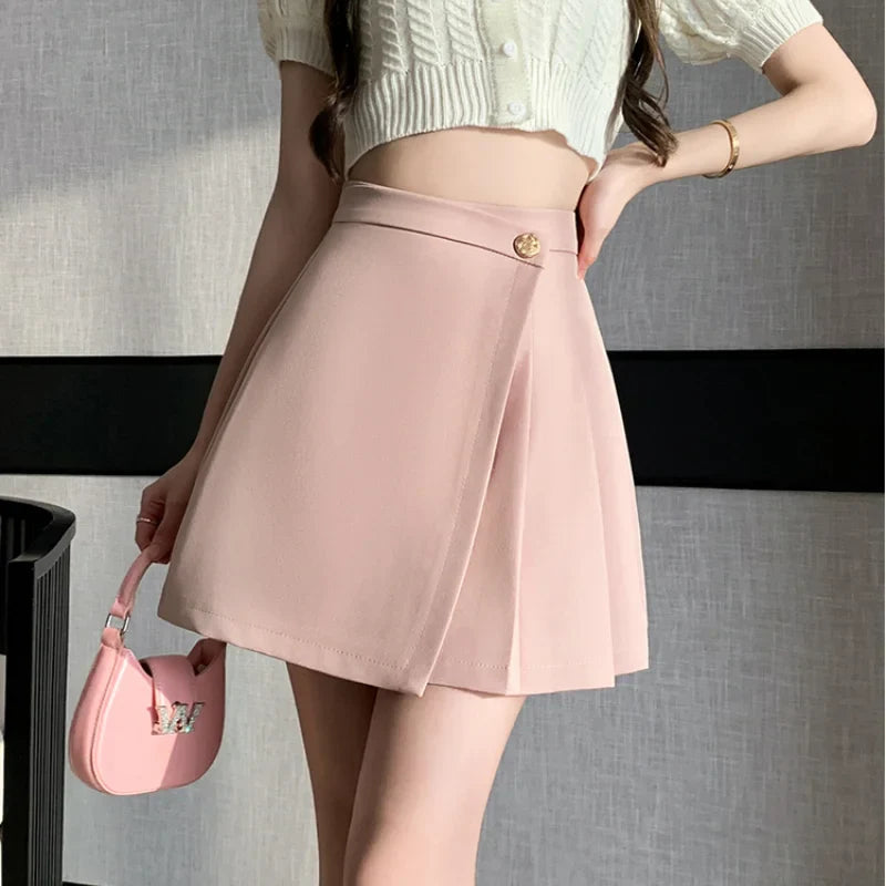 Korean High Waist A-line Mini Pleated Button Skirt