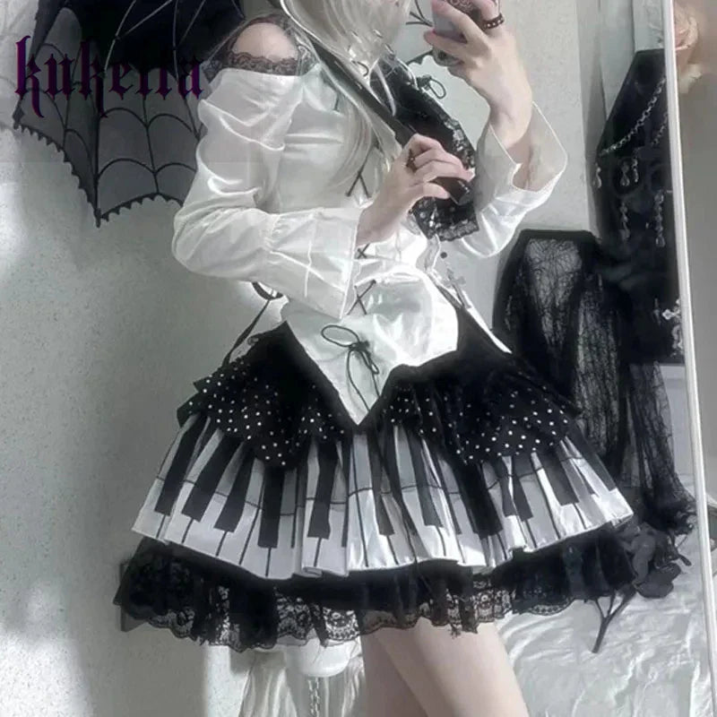 Piano Key Wave Dot Lace Gothic Lolita Mini Dress