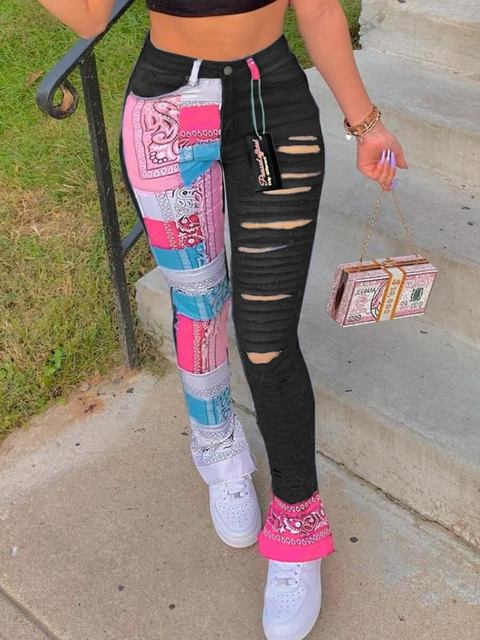 Mixed Patchwork Ripped Multi Color Street Jean