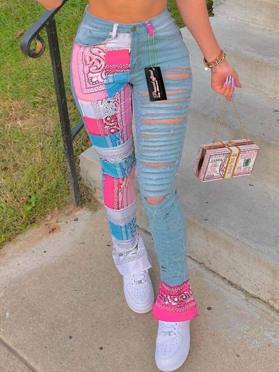 Mixed Patchwork Ripped Multi Color Street Jean